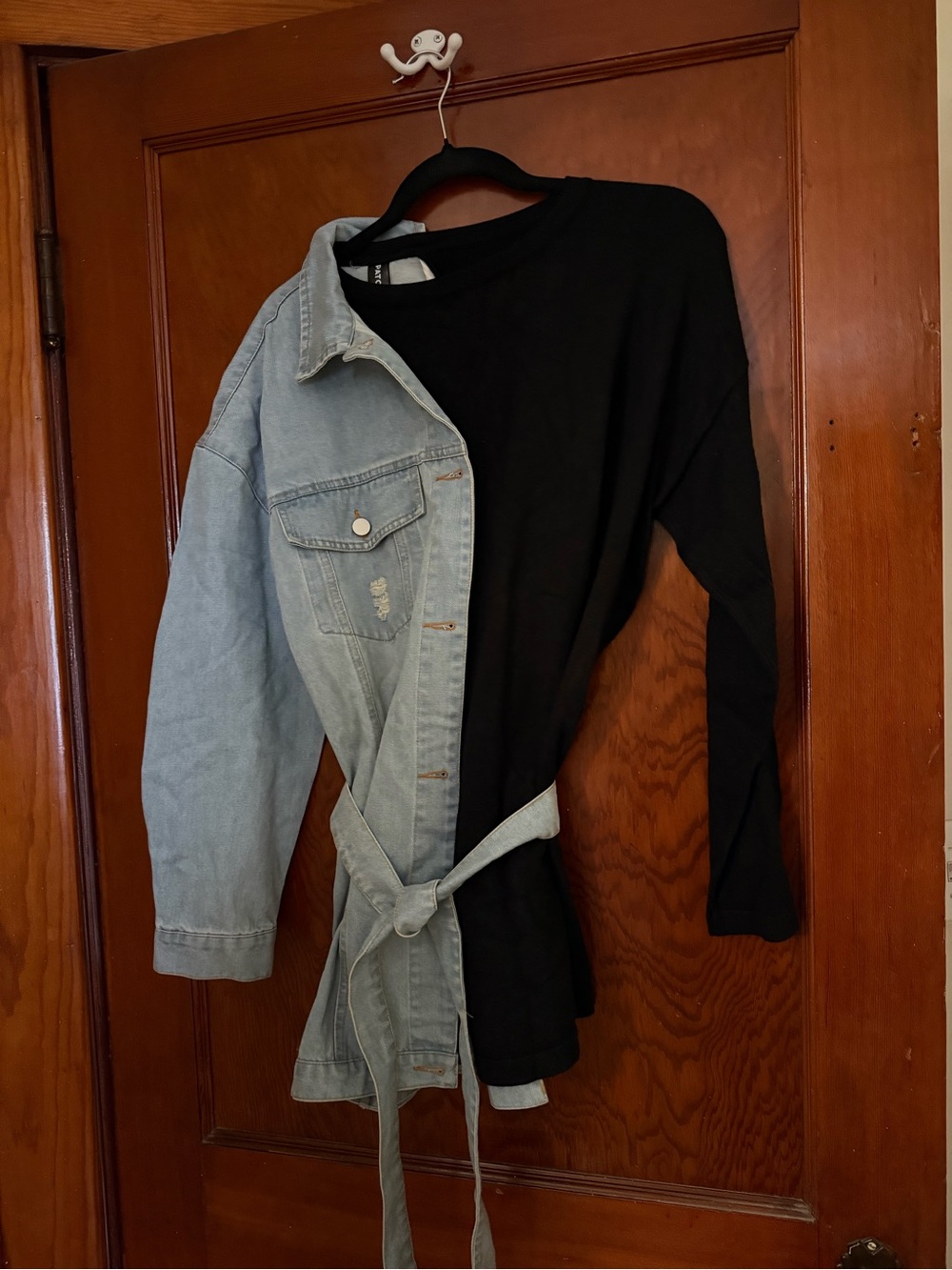 Light Wash Denim Jacket with Black Knit Overlay